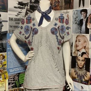 Double D Ranch Fringed/Beaded Gry Tee - Sz S